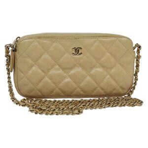 CHANEL Matelasse Chain Shoulder Bag Grained Calf Skin Beige Gold CC Auth 138257